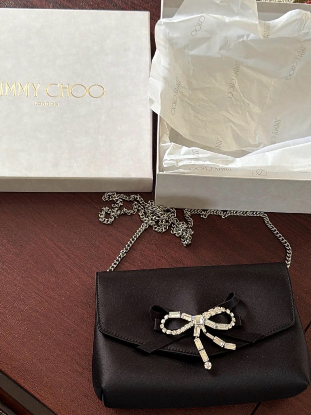 Jimmy Choo Black Satin Bow Crystal Chain Crossbody Bag